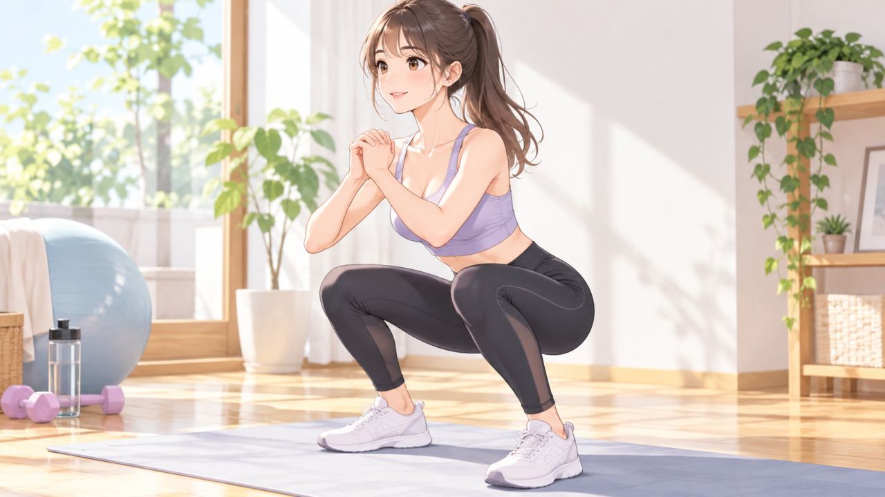 自宅でスクワットをする女性|初心者向けダイエット筋トレ