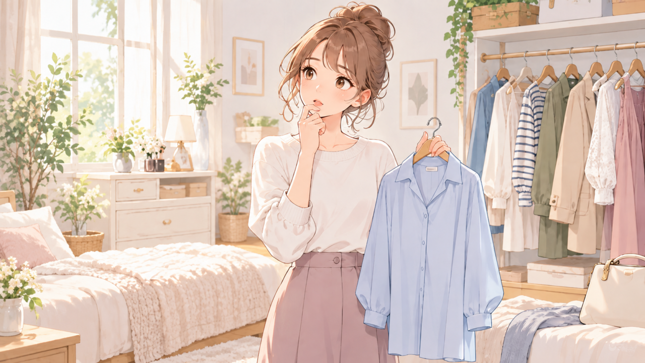 水色のシャツを手に持ち、自分に似合うファッションを考える女性