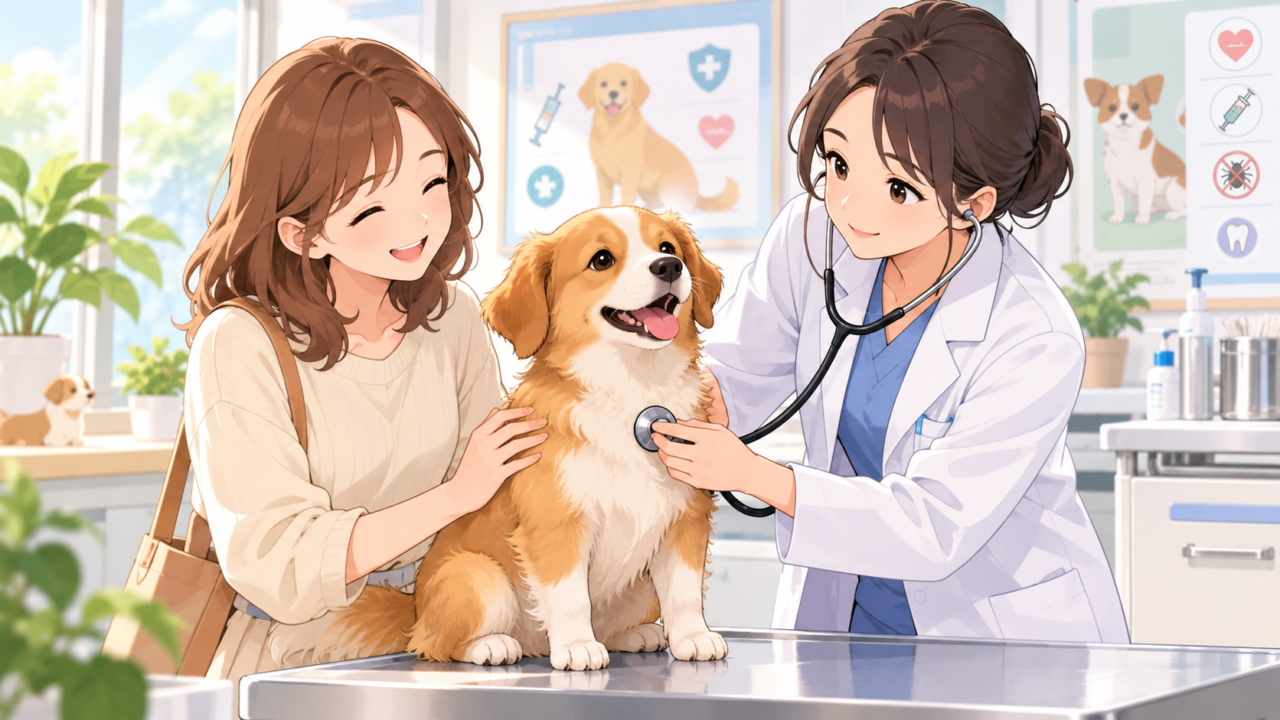動物病院で獣医師による健康診断を受ける犬と飼い主