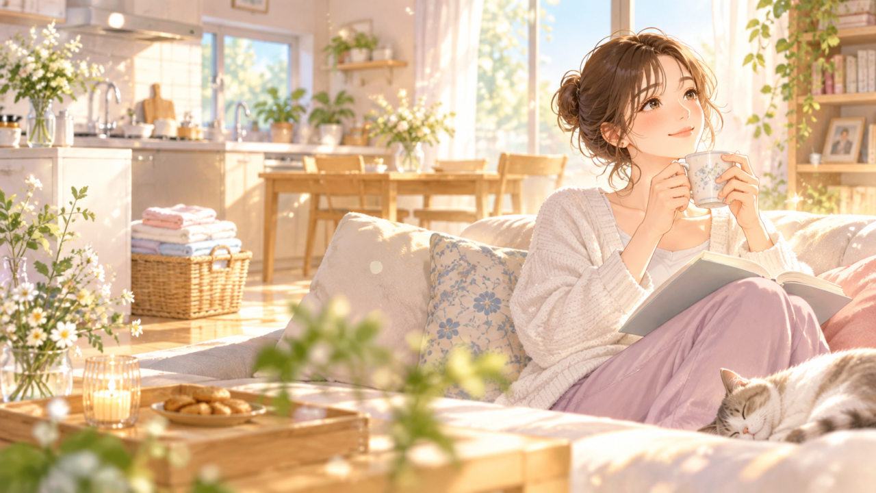 家事の効率化によって生まれた自由な時間に、ソファでお茶と読書を楽しむ女性のイラスト