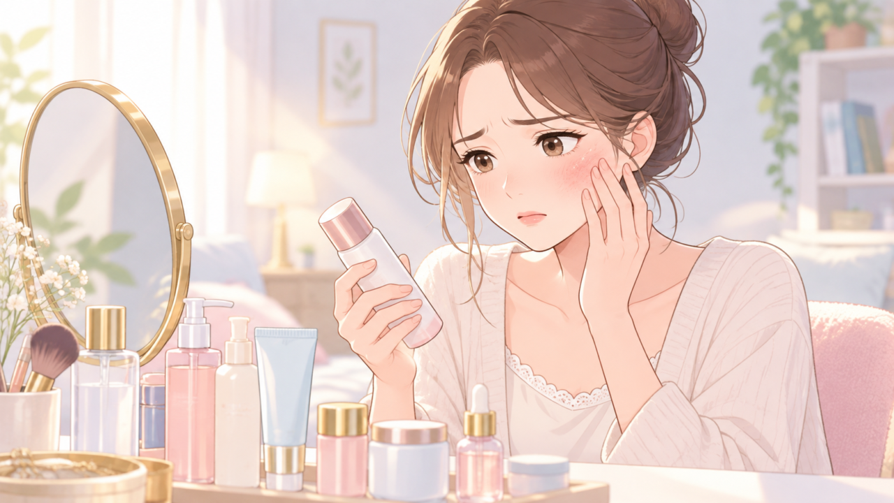 化粧品による頬の赤みを気にしてボトルを確認する女性のイラスト