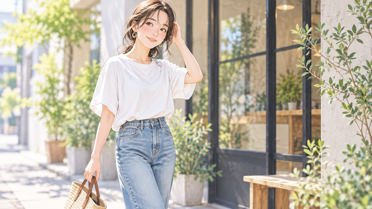 白Tシャツとデニムパンツを合わせた女性のシンプルカジュアルコーデ