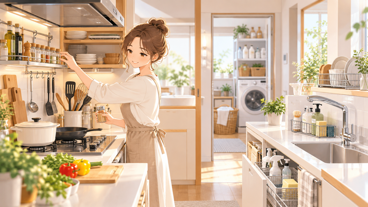 キッチンでよく使う調味料や調理器具を取り出しやすく収納する女性のイラスト