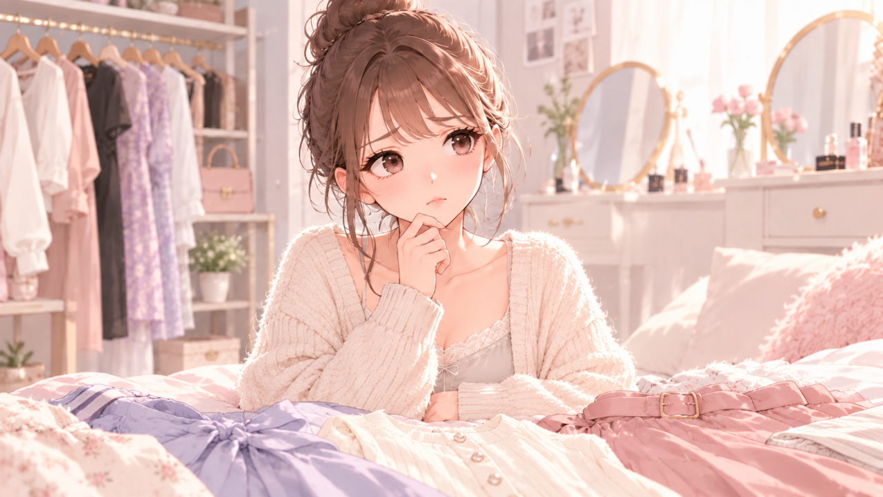 お出かけの服選びに悩む女性|服のセンスを良くする方法を考えるイラスト