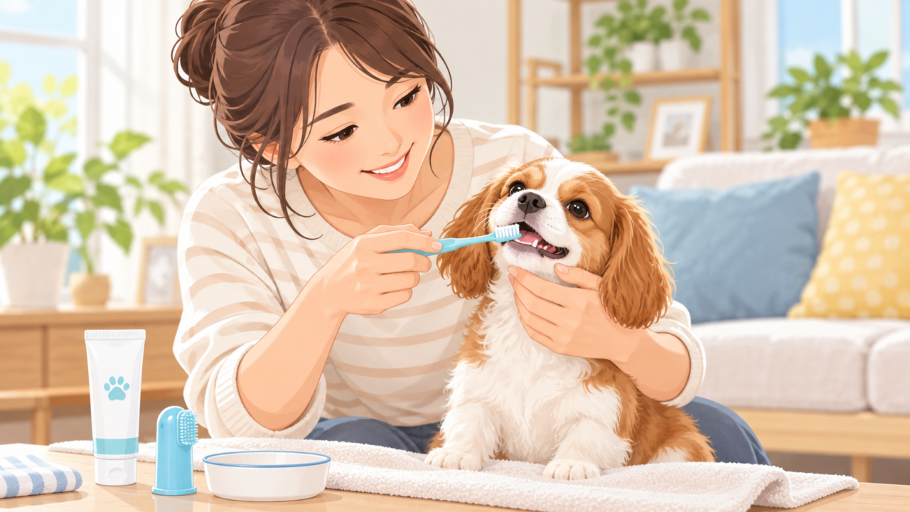 愛犬の歯を歯ブラシで優しく磨いて口腔ケアをする飼い主