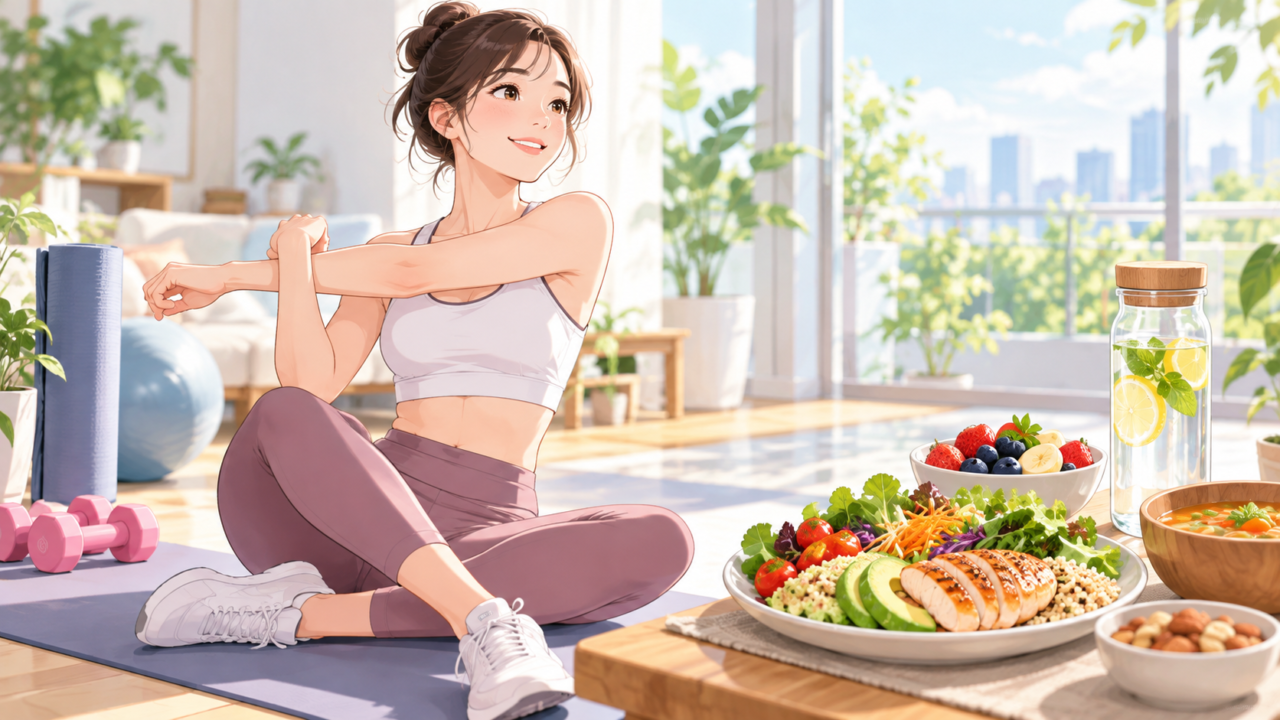 ダイエットで運動とバランスの良い食事を組み合わせる女性