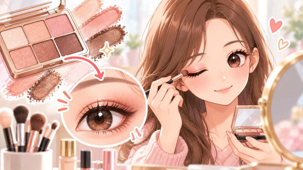 ピンクとブラウンのアイシャドウパレットを使って目元を彩る女性のイラスト