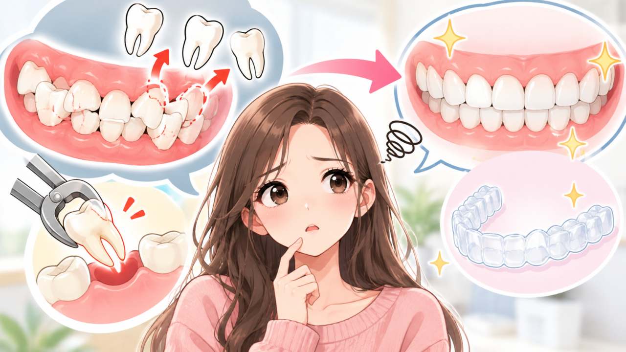 抜歯による歯の移動や隙間の調整を伴うマウスピース矯正のイラスト
