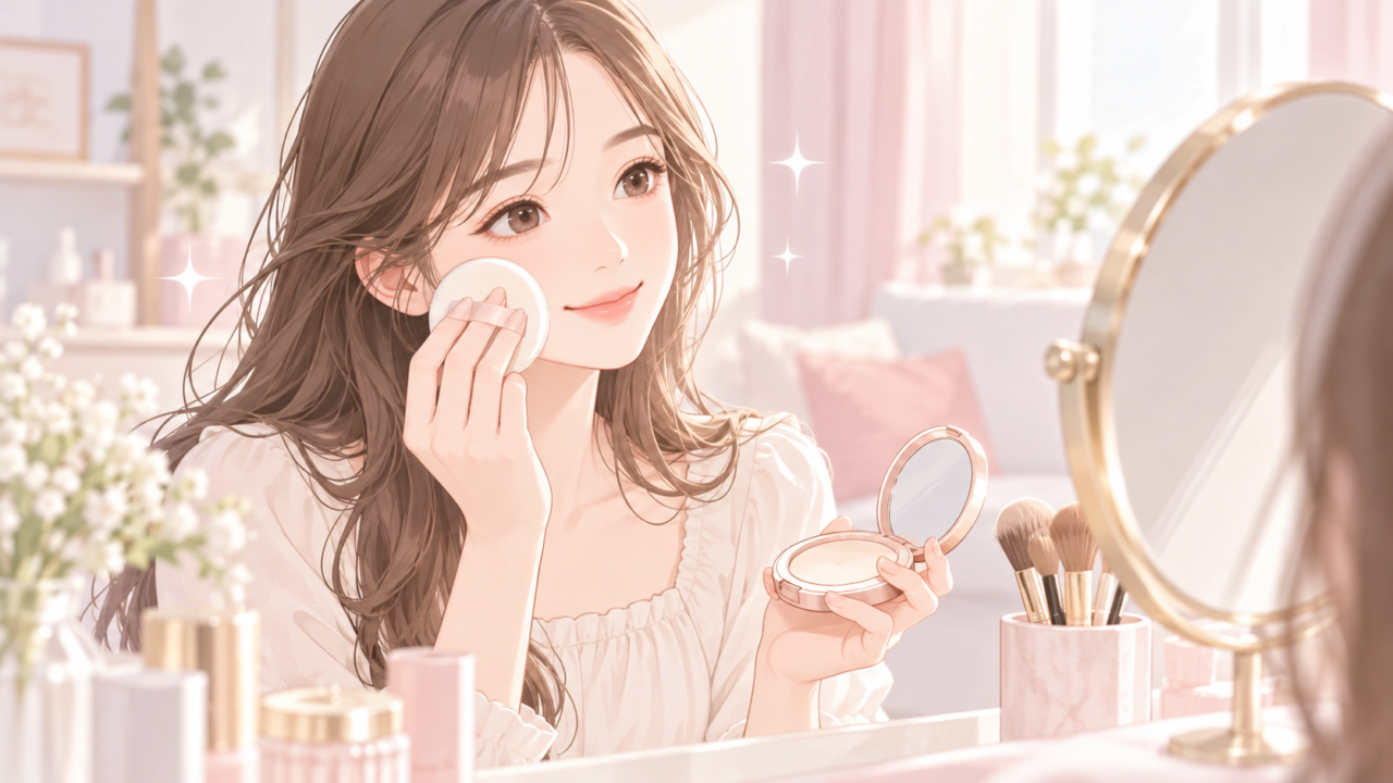 鏡を見ながらパフでフェイスパウダーを頬に塗る女性のイラスト