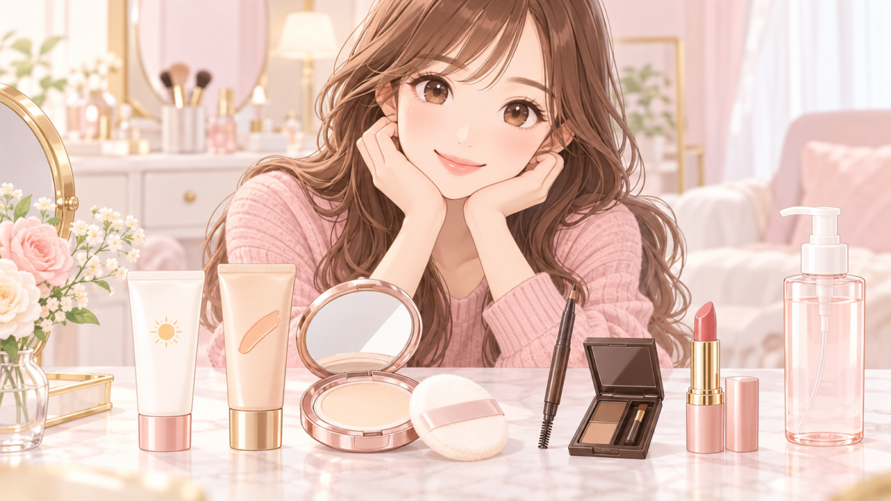 予算10000円で揃えるファンデーションやアイシャドウなどのメイク用品一式のイラスト