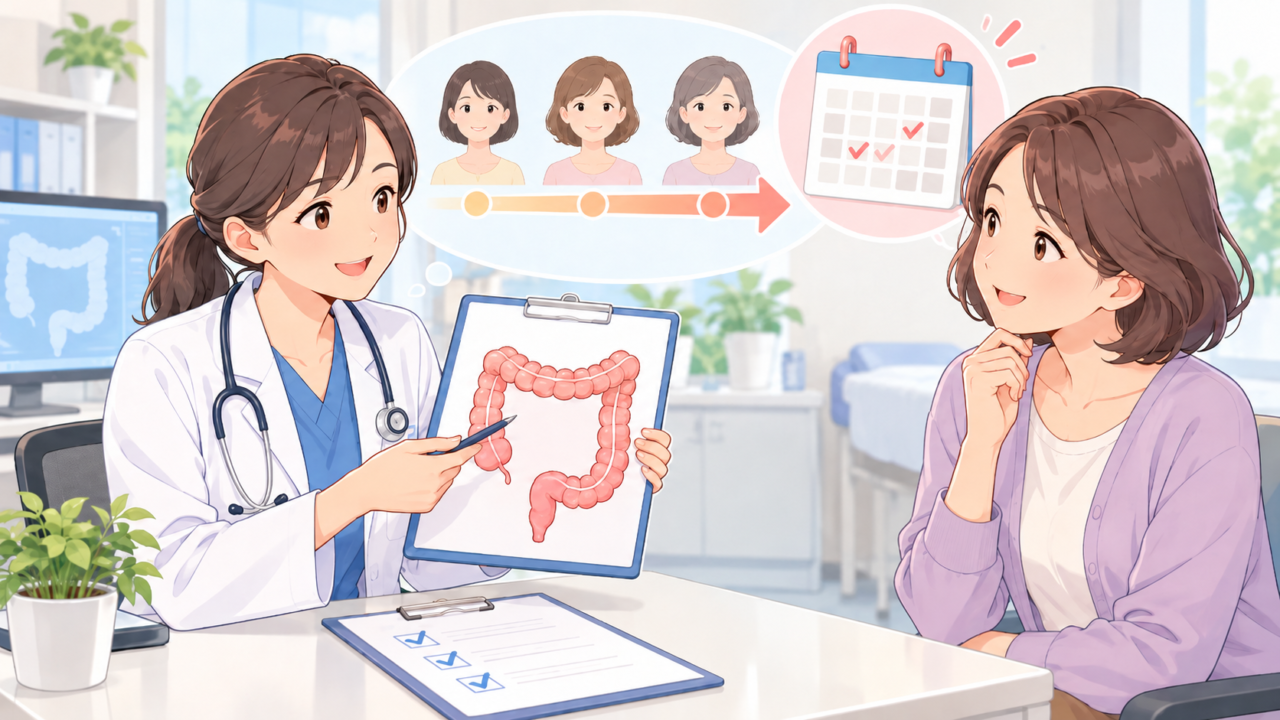 大腸がん検診の開始年齢や定期的な検診について医師と相談する女性のイラスト