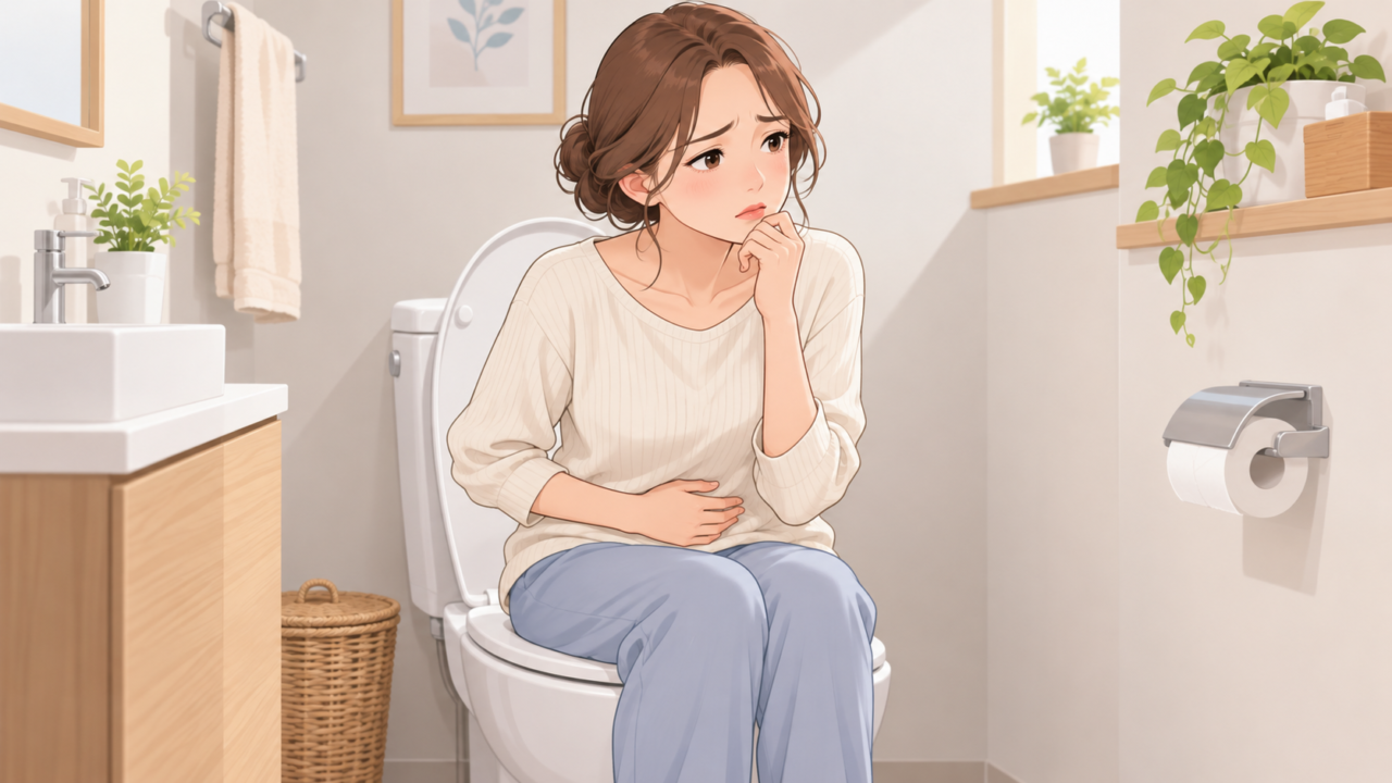 排便後も便が残っているような違和感を覚える女性のイラスト