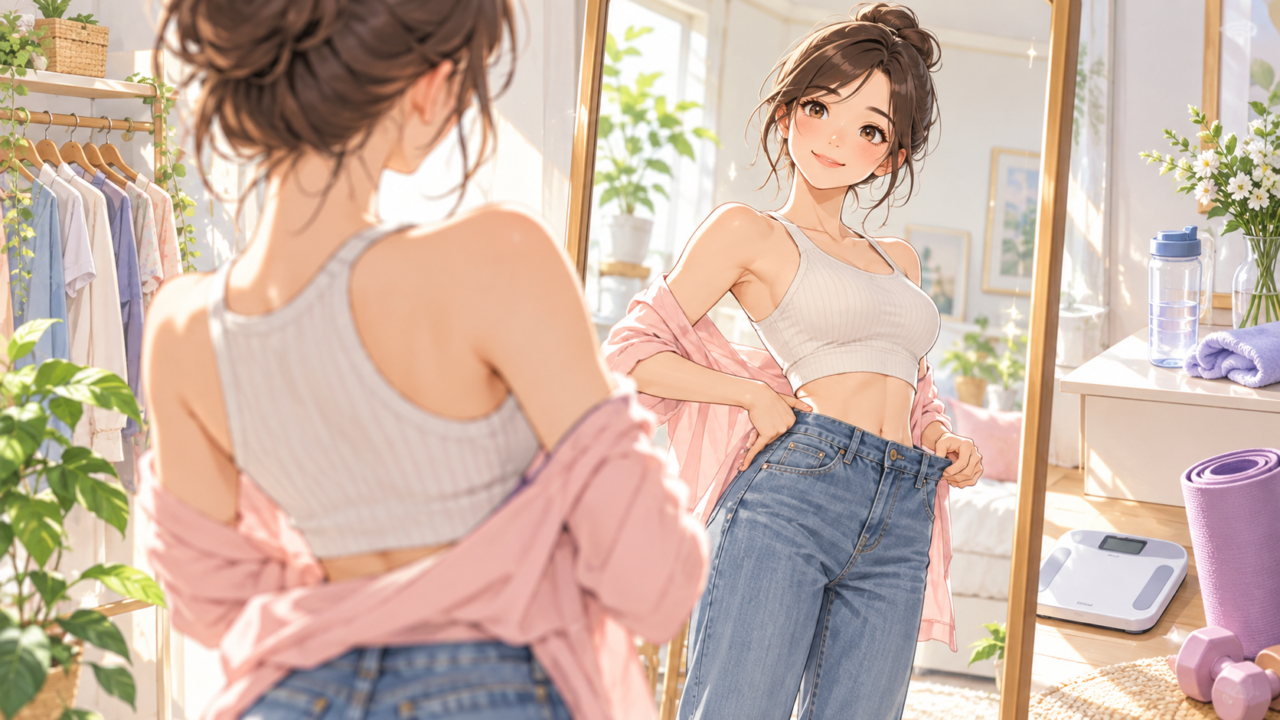 鏡で体型の変化を確認するダイエット中の女性