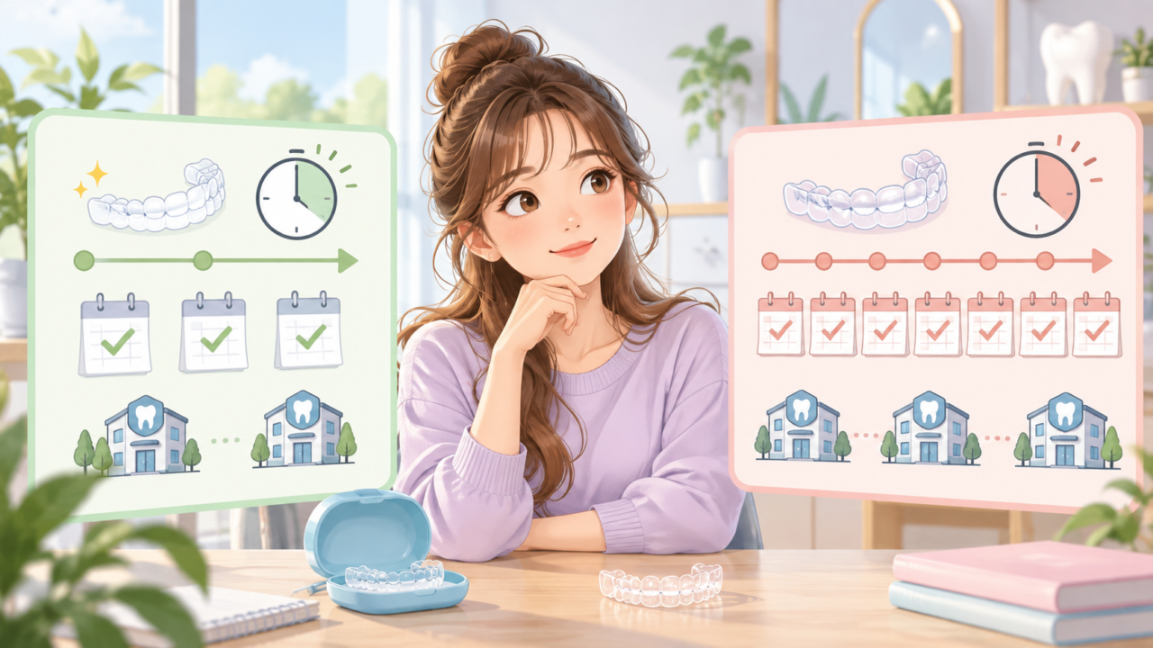 マウスピース矯正の治療期間と通院頻度を比較する女性
