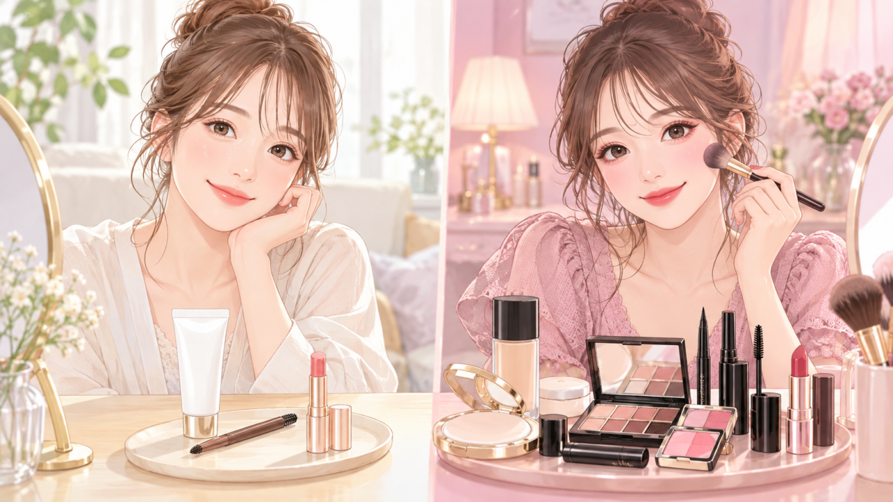ナチュラルメイクとしっかりメイクの仕上がりや使用する化粧品を比較したイラスト