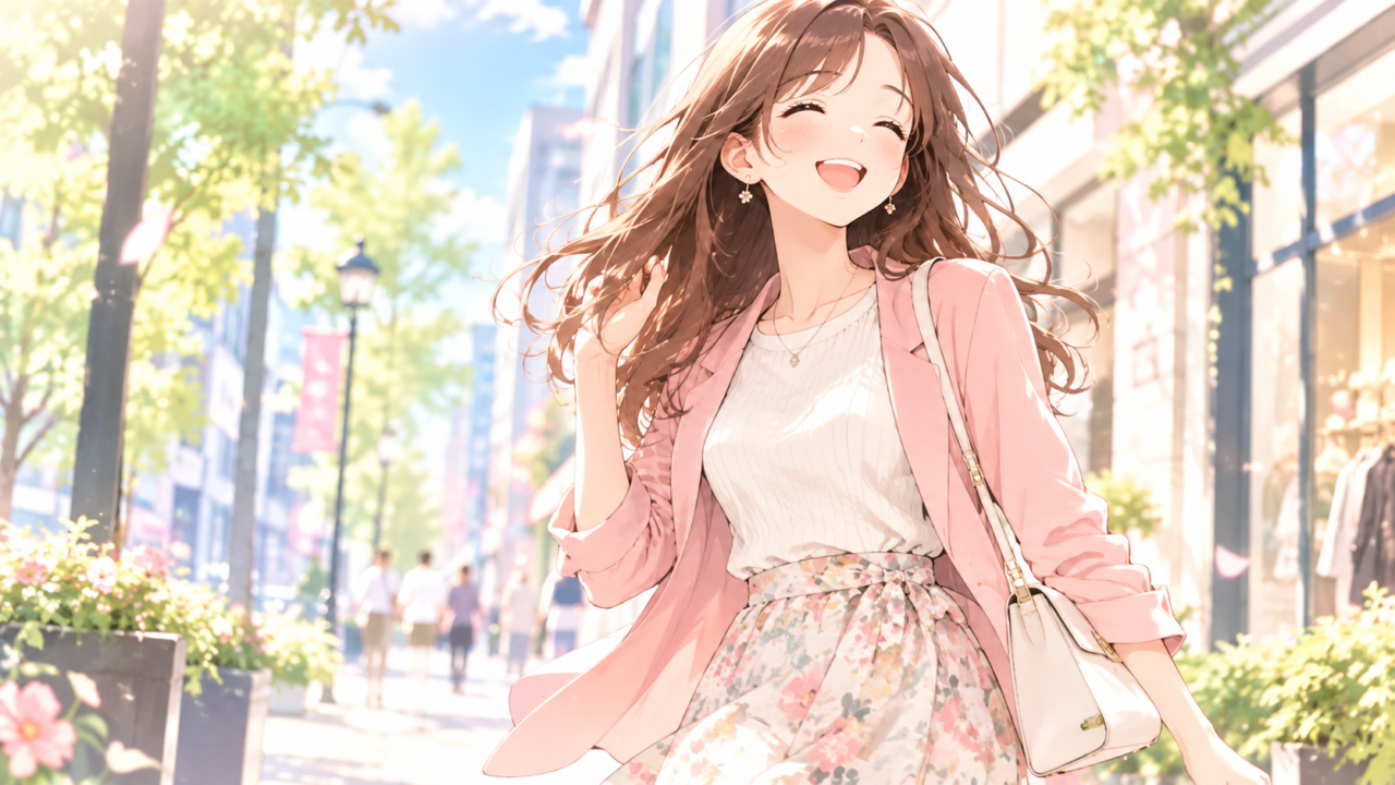 自分に似合う服を見つけ、ピンクのジャケットと花柄スカートでおしゃれを楽しみながら笑顔で街を歩く女性