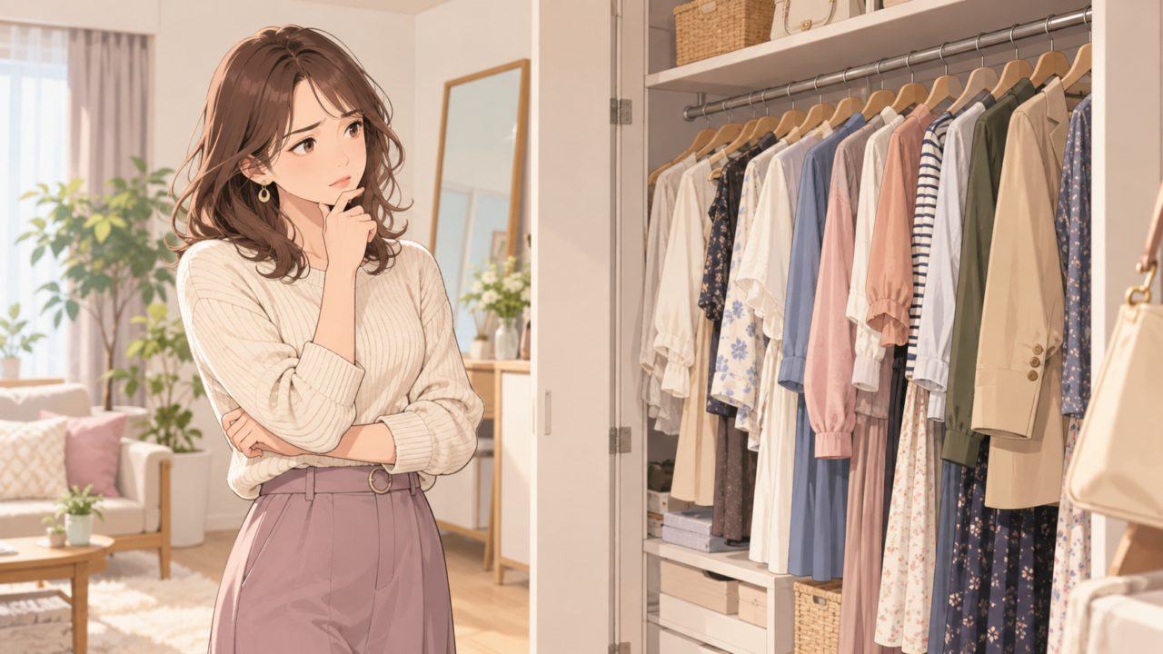レディースファッション初心者がクローゼットの洋服を見ながらコーディネートを考える様子