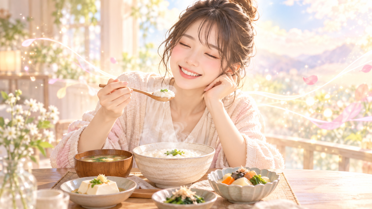 胃に優しいおかゆや温かいスープを楽しみながら満面の笑顔を浮かべる女性のイラスト