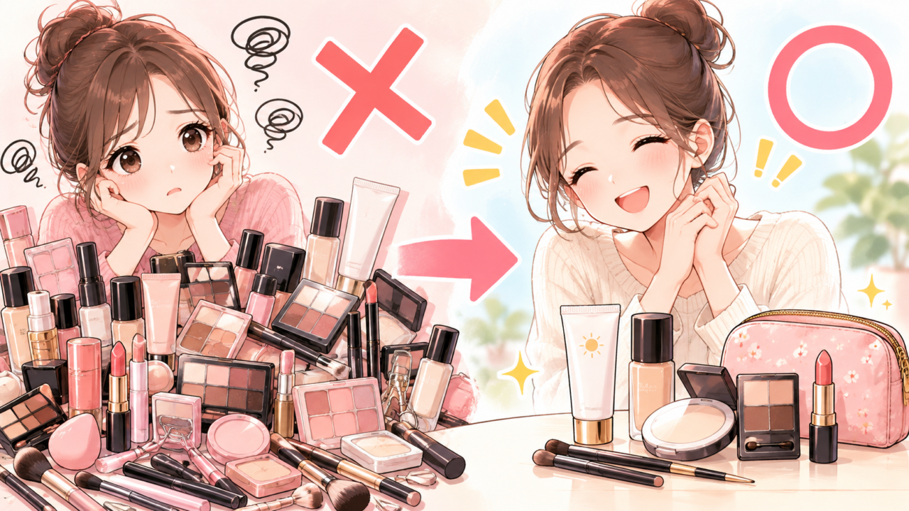 大量のメイク用品に悩む女性と必要な化粧品だけを選んで笑顔になる女性の比較イラスト